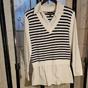 QED London Black and White Striped Blouse